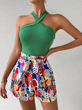 Women's Solid Color Halter Top And Printed Belted Shorts Set